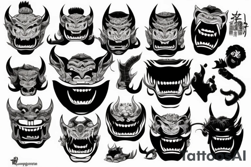 Thai style hannya mask hyper detailed, demented looking, large fangs, front view tattoo idea