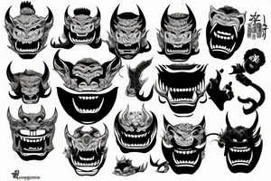 Thai style hannya mask hyper detailed, demented looking, large fangs, front view tattoo idea