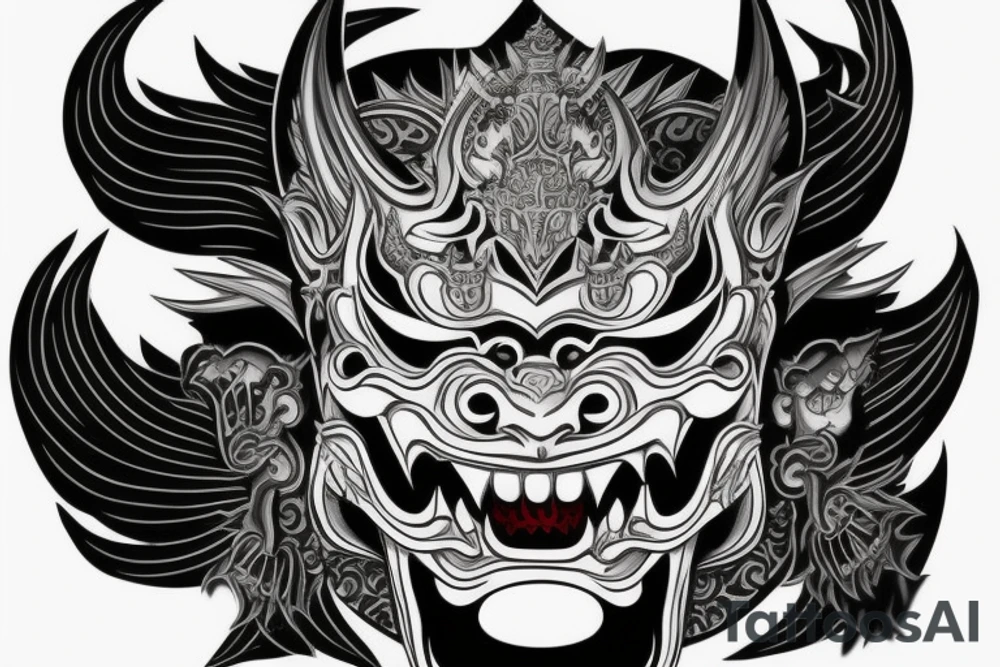 Thai style hannya mask hyper detailed, demented looking, large fangs, front view tattoo idea