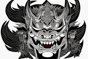 Thai style hannya mask hyper detailed, demented looking, large fangs, front view tattoo idea