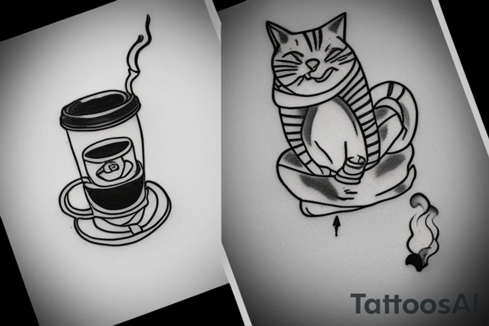 Lonely driving in a car with a cat drinking coffee and smoking cigarettes tattoo idea