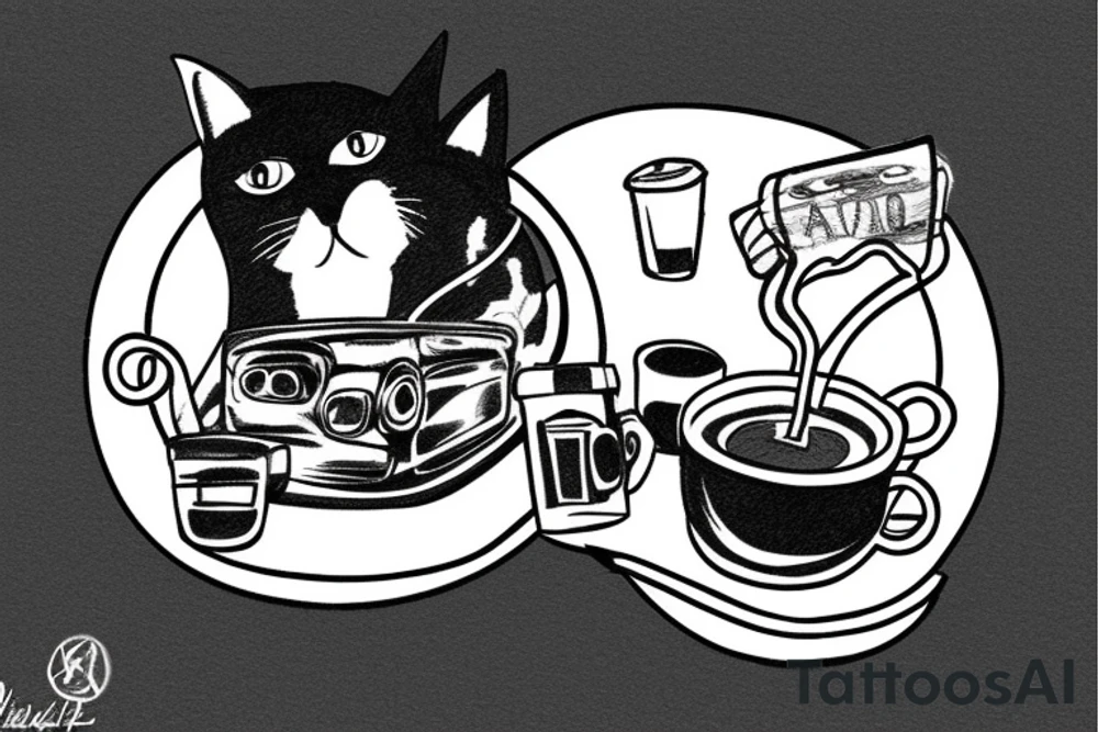 Lonely driving in a car with a cat drinking coffee and smoking cigarettes tattoo idea