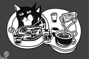 Lonely driving in a car with a cat drinking coffee and smoking cigarettes tattoo idea