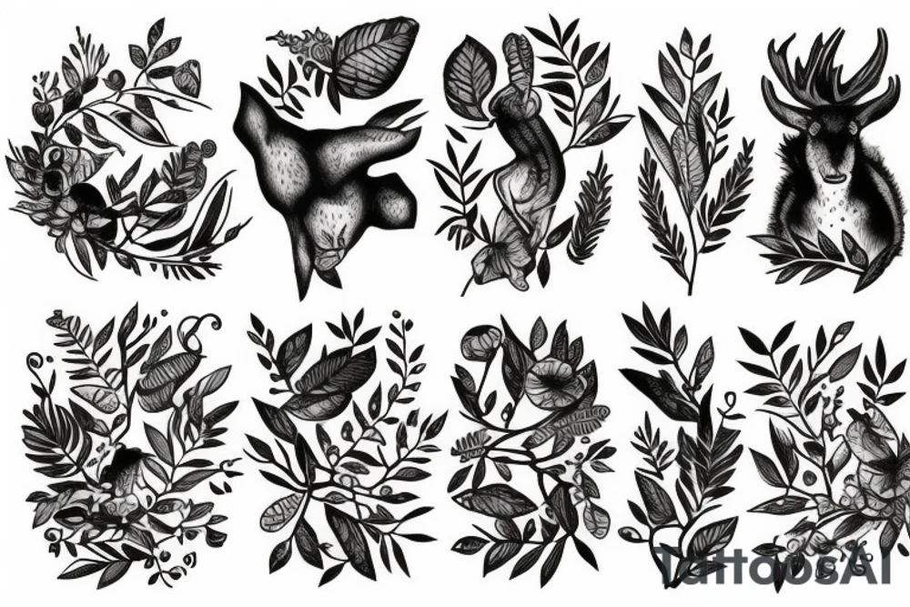 Animals, forest, leaves, berries tattoo idea