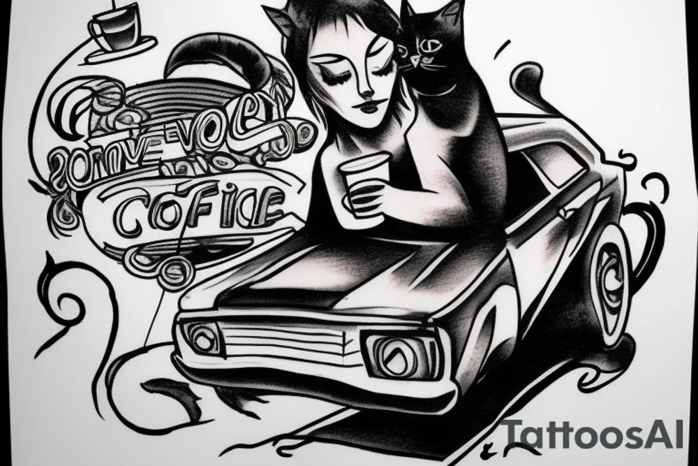 Lonely driving in a car with a cat drinking coffee and smoking cigarettes tattoo idea