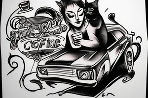 Lonely driving in a car with a cat drinking coffee and smoking cigarettes tattoo idea