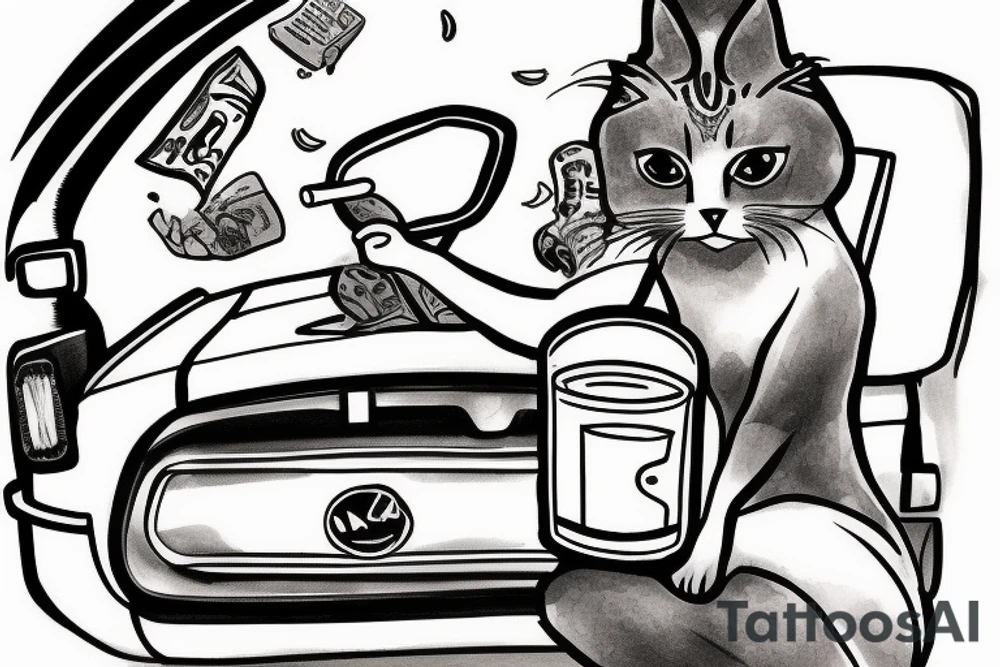 Lonely driving in a car with a cat drinking coffee and smoking cigarettes tattoo idea