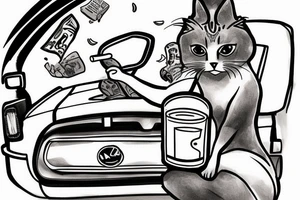 Lonely driving in a car with a cat drinking coffee and smoking cigarettes tattoo idea