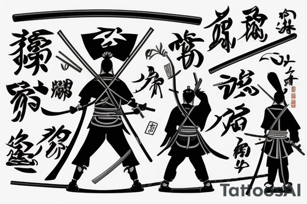 samurai with two katanas standing with his back tattoo idea