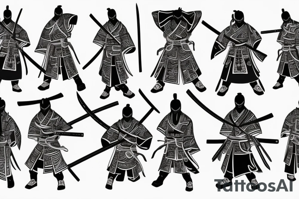 samurai with two katanas standing with his back tattoo idea