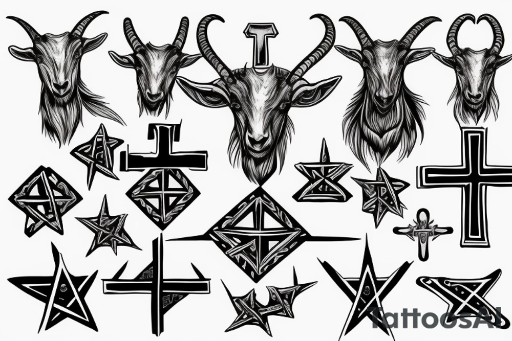 goat head with inverted cross and pentagram tattoo idea