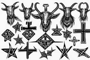 goat head with inverted cross and pentagram tattoo idea