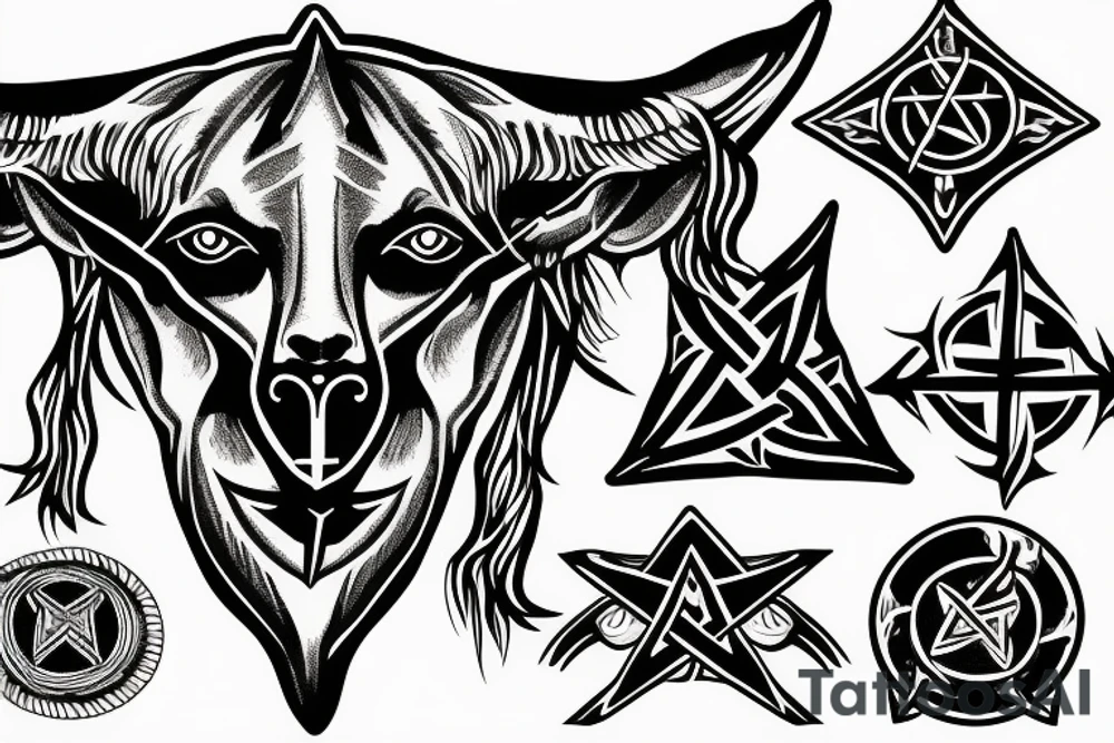 goat head with inverted cross and pentagram tattoo idea