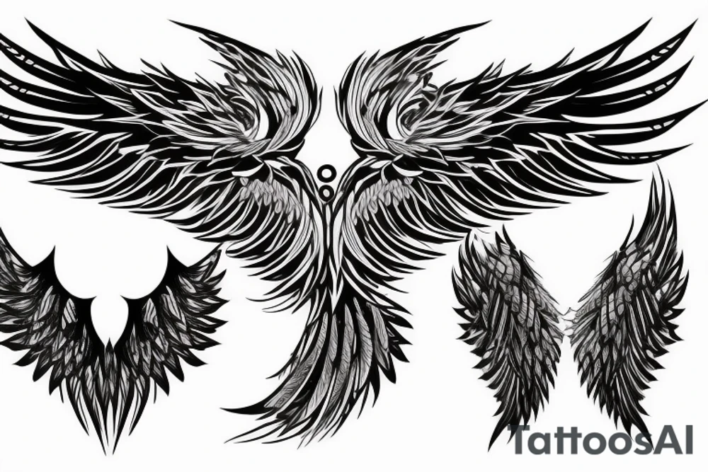 Wings tattoo with a order and chaos concept. One wing with with black outlines of normal feathers and the other with arms, knives with black colouring tattoo idea
