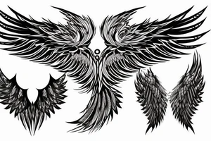 Wings tattoo with a order and chaos concept. One wing with with black outlines of normal feathers and the other with arms, knives with black colouring tattoo idea