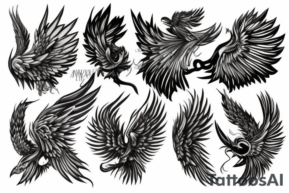 Wings tattoo with a order and chaos concept. One wing with with black outlines of normal feathers and the other with arms, knives with black colouring tattoo idea