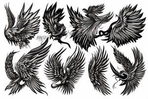 Wings tattoo with a order and chaos concept. One wing with with black outlines of normal feathers and the other with arms, knives with black colouring tattoo idea