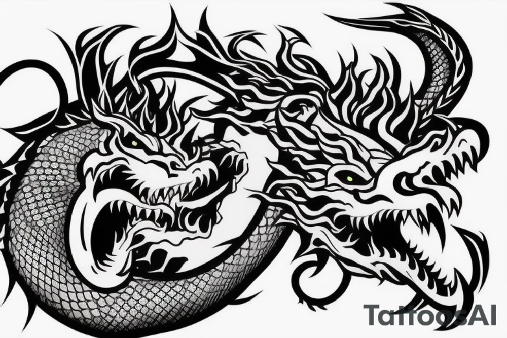 Ouroboros in the form of a bear and a dragon who are trying to bite each other tattoo idea