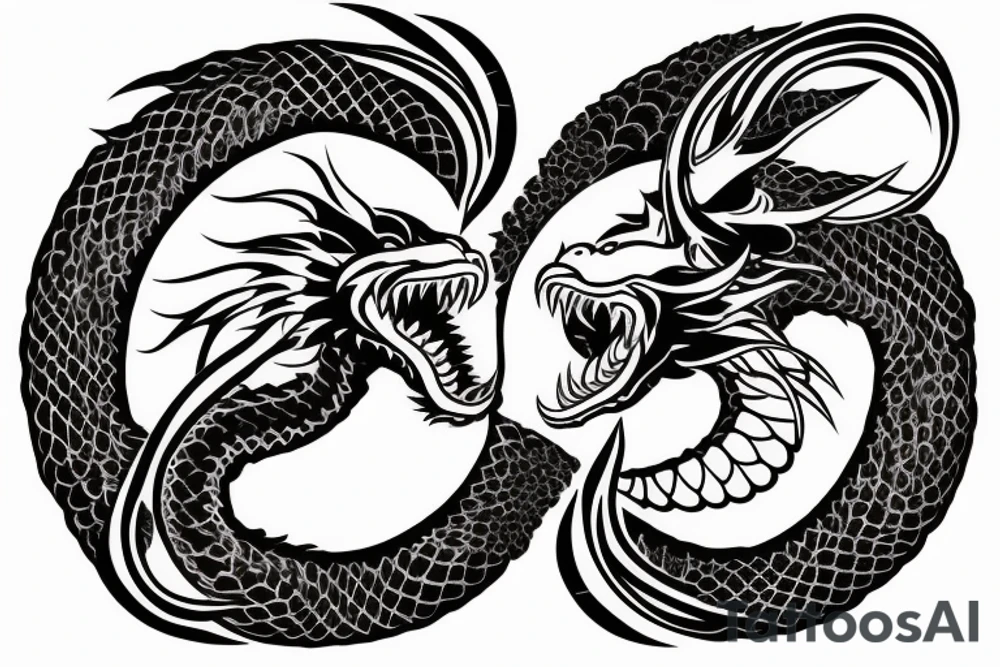Ouroboros in the form of a bear and a dragon who are trying to bite each other tattoo idea