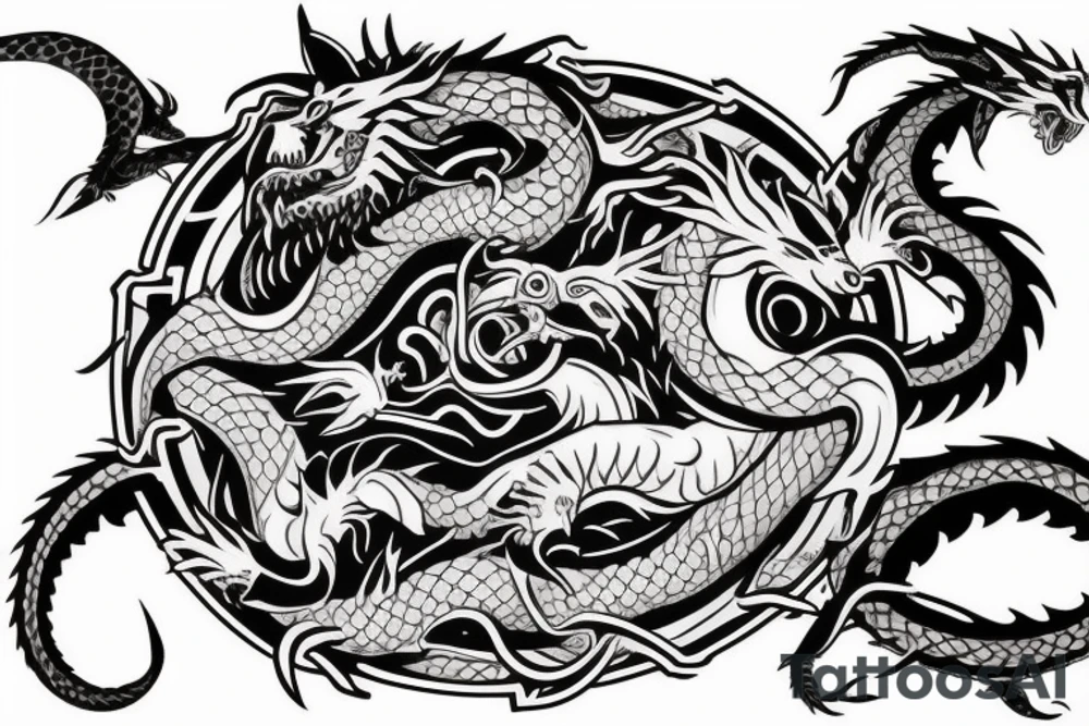 Ouroboros in the form of a bear and a dragon who are trying to bite each other tattoo idea
