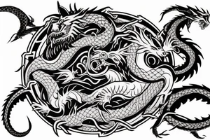 Ouroboros in the form of a bear and a dragon who are trying to bite each other tattoo idea