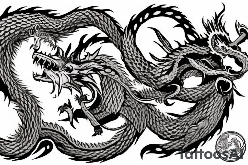Ouroboros in the form of a bear and a dragon who are trying to bite each other tattoo idea