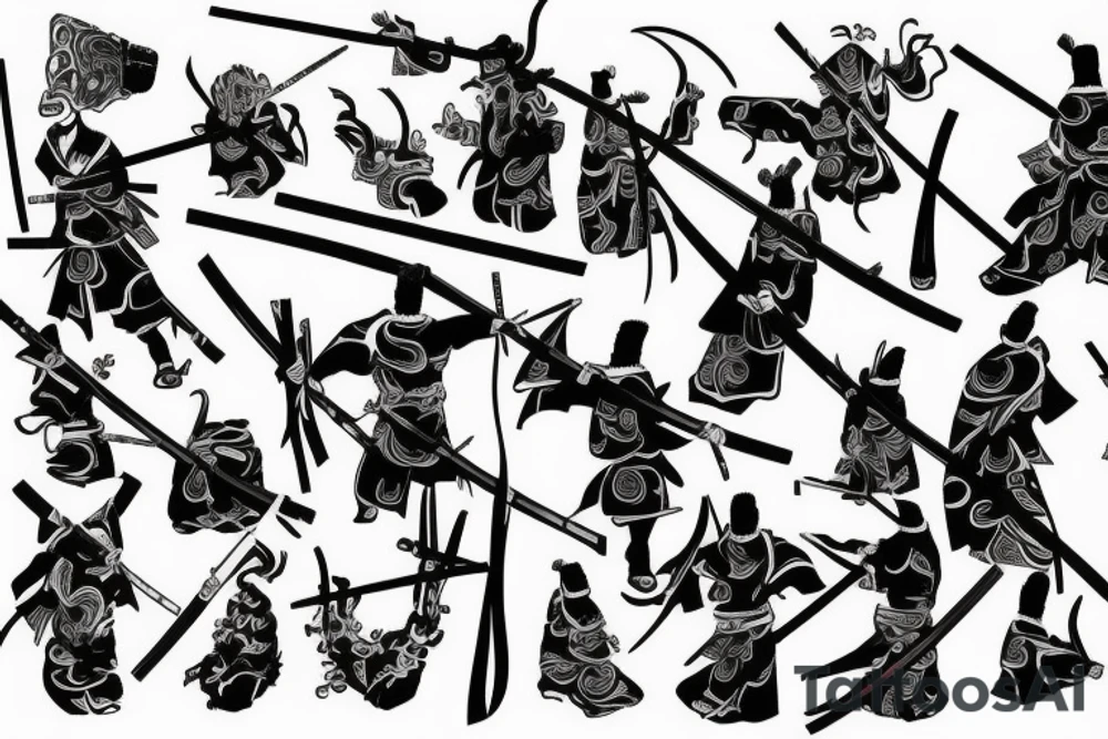 samurai with two katanas standing with his back tattoo idea