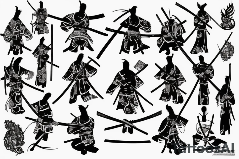 samurai with two katanas standing with his back tattoo idea