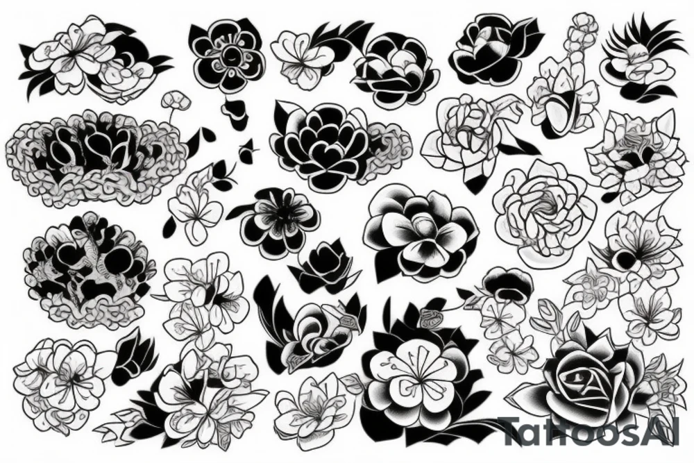 Flowers in Japanese style and little Darth wader inside tattoo idea