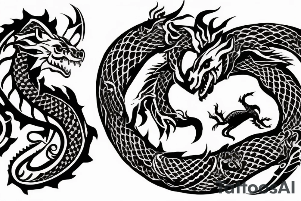 Ouroboros in the form of a bear and a dragon who are trying to bite each other tattoo idea