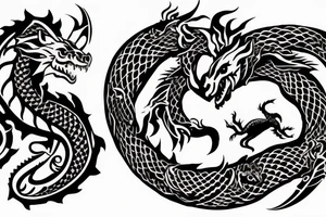 Ouroboros in the form of a bear and a dragon who are trying to bite each other tattoo idea