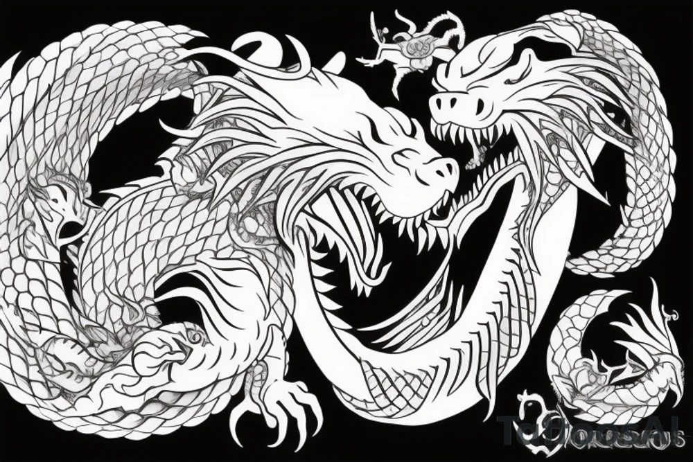Ouroboros in the form of a bear and a dragon who are trying to bite each other tattoo idea