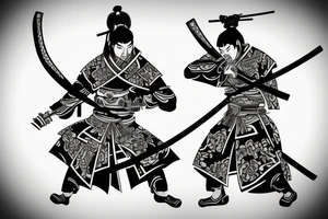 samurai with two katanas standing with his back tattoo idea