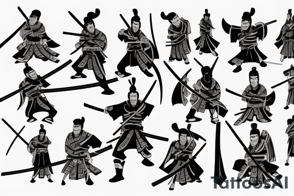 samurai with two katanas standing with his back tattoo idea