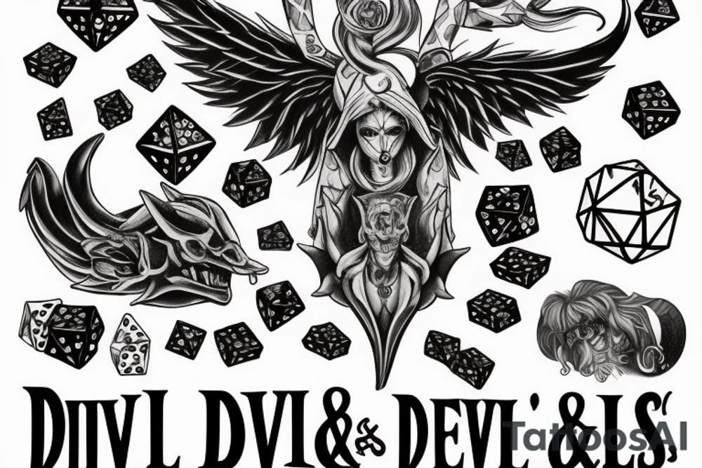 Devil and angels rolling dice and the quote says devil rolls the dice, angels roll their eyes tattoo idea