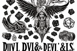 Devil and angels rolling dice and the quote says devil rolls the dice, angels roll their eyes tattoo idea