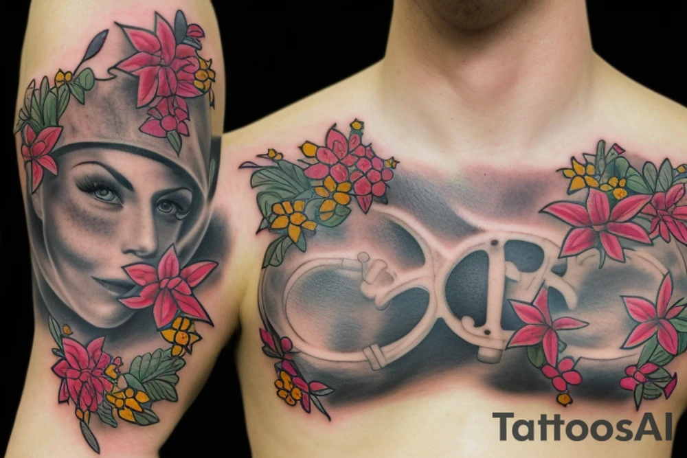 Fun, chest, gun, Flowers tattoo idea