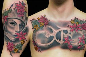 Fun, chest, gun, Flowers tattoo idea