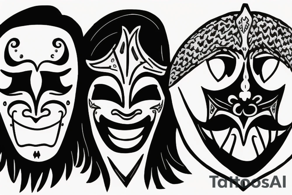 Two masks. One is evil, the other is good. There's a ribbon that says "You'll Never Walk Alone. tattoo idea