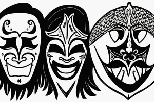 Two masks. One is evil, the other is good. There's a ribbon that says "You'll Never Walk Alone. tattoo idea