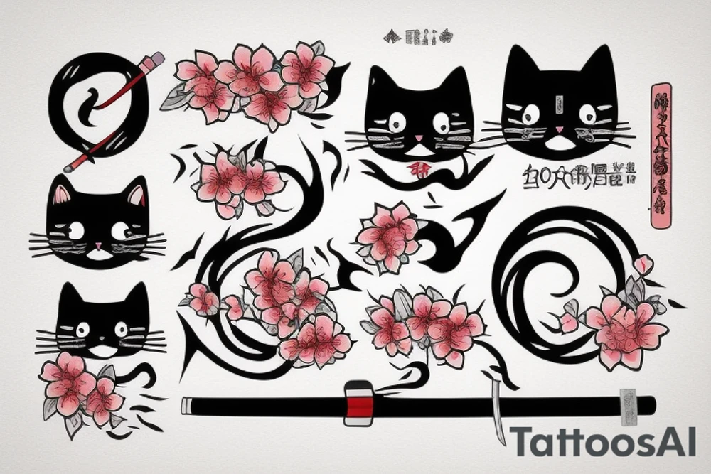 Cat with katana and sakura tattoo idea