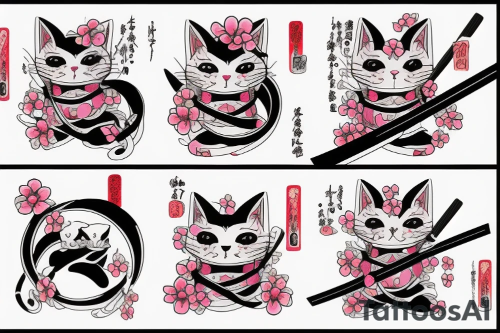 Cat with katana and sakura tattoo idea