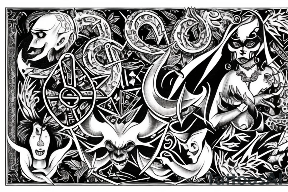 Devil and angels rolling dice and the quote says devil rolls the dice, angels roll their eyes in neo traditional style tattoo idea