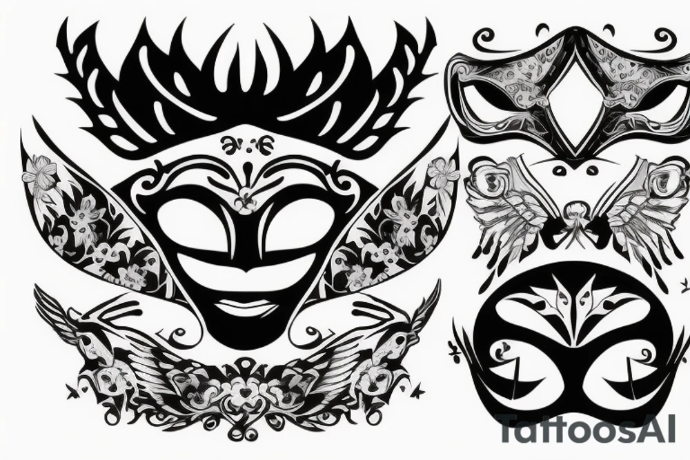 Two masks. One is evil, the other is good. There's a ribbon that says "You'll Never Walk Alone. tattoo idea