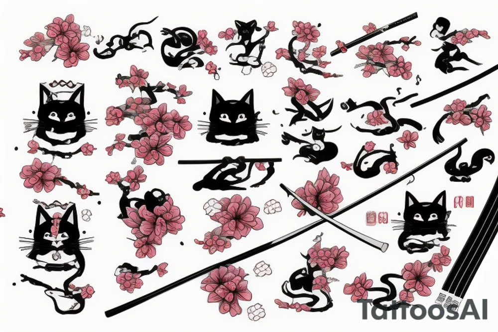 Cat with katana and sakura tattoo idea