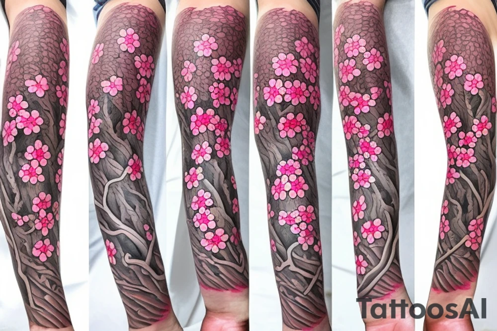 intertwined branches of cherry blossoms with big flowers tattoo idea