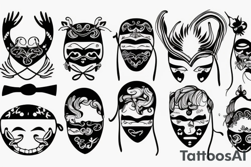 Two masks with a ribbon that says "You'll never walk alone" tattoo idea