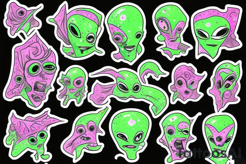 Green alien with giant pink vomit tattoo idea