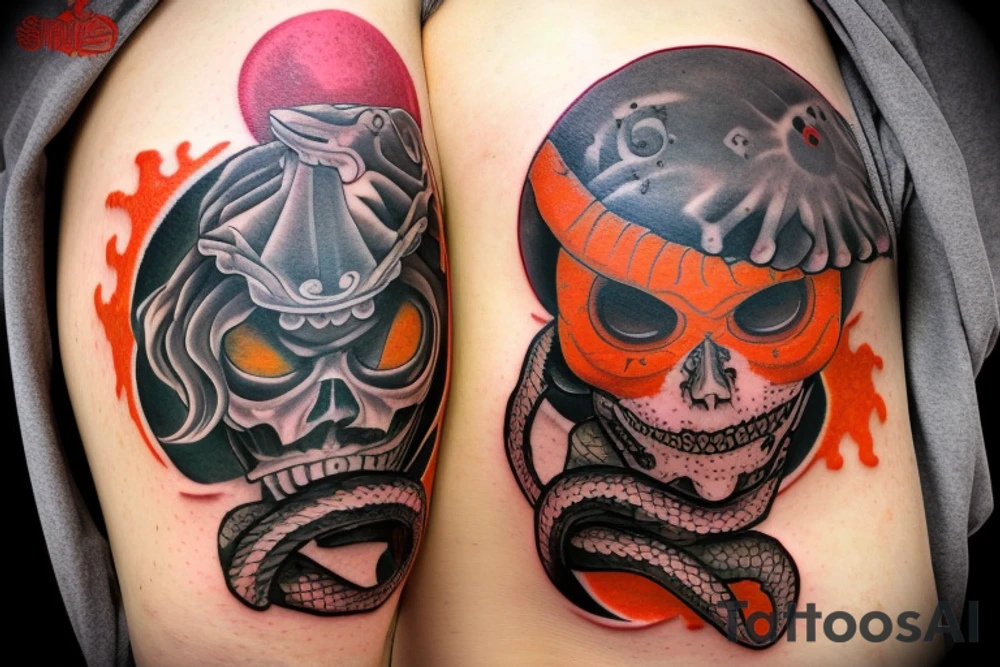 An orange shinigami mask on the shoulder, with a chained red moon on the back of the shoulder. On the forearm there are two snakes, a green one and a violet one. Autumn leaves and mystical amulets at the wrist tattoo idea