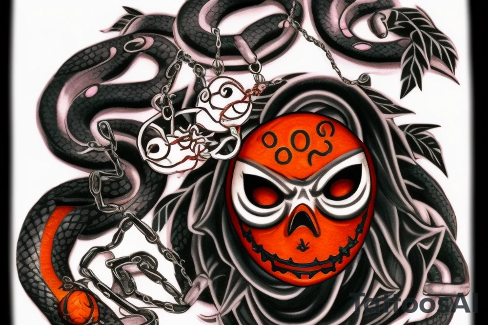 An orange shinigami mask on the shoulder, with a chained red moon on the back of the shoulder. On the forearm there are two snakes, a green one and a violet one. Autumn leaves and mystical amulets at the wrist tattoo idea